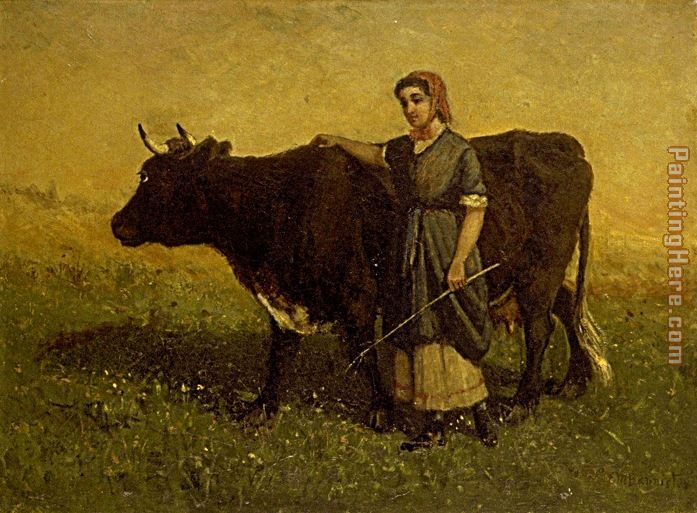 woman walking with cow painting - Edward Mitchell Bannister woman walking with cow art painting